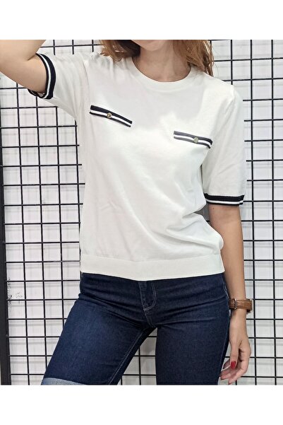 Butik Şans Jm Pocket Cover Detailed Striped Short Sleeve Knitwear Blouse