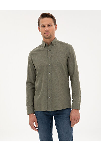 Pierre Cardin Χακί φανελένιο πουκάμισο με υφή εφαρμοστό μακρυμάνικο πουκάμισο 50316751-VR027