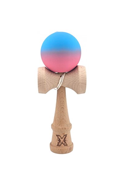 Flippy Jucarie Kendama X Profesionala, Flippy, Lemn, Bila Cauciucata, 18 cm, Albastru deschis Roz