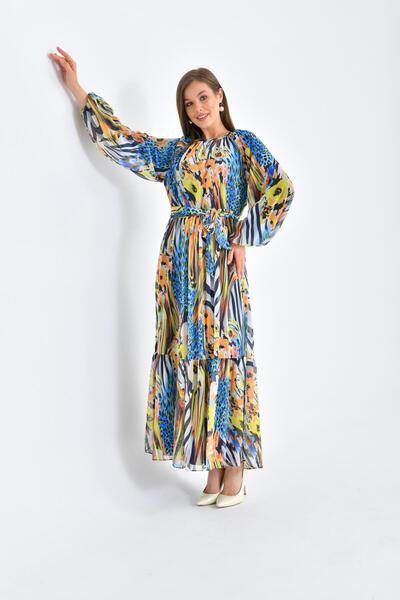 FTZ WOMEN Kadın Şifon Baskılı Elbise Saks Mavi 30499