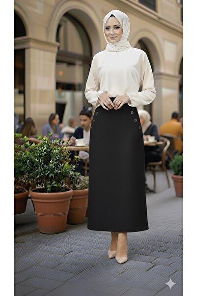 ECEYLÜL MODA KADIN SİYAH CEPLİ (DÜGME DETAYLI 93-94cm) KALEM ETEK(kısa süreliğine lansman fiyatı)