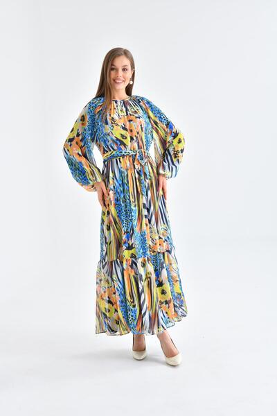 FTZ WOMEN Kadın Şifon Baskılı Elbise Saks Mavi 30499