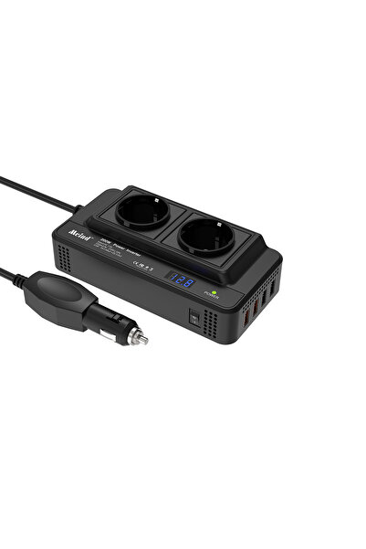 Inverto Car Inverter 200W 12V–220V with 2 AC Outlets 2x USB 2.4A + 2x USB QC 3.0 Digital Display Fan R