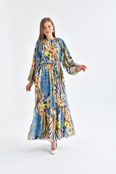 FTZ WOMEN Kadın Şifon Baskılı Elbise Saks Mavi 30499