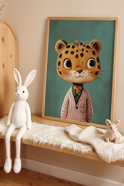 Artiera 3'lü Leopar, Zebra ve Aslan Doğal Ahşap Çerçeveli Çocuk Odası Tablosu