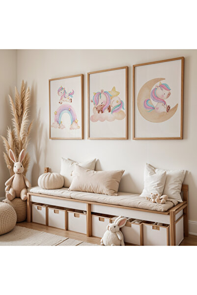 HİGUERA Πίνακας παιδικού και βρεφικού δωματίου 3 τεμαχίων μονόκεροι με φυσικό...