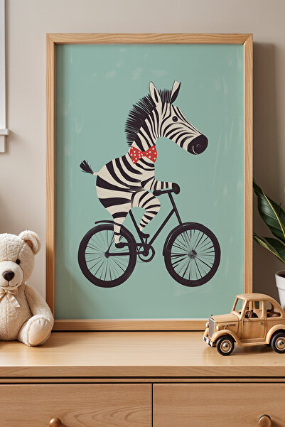 HİGUERA Zebra Riding a Bicycle Children's Room Natural Wooden Framed Wall Painting