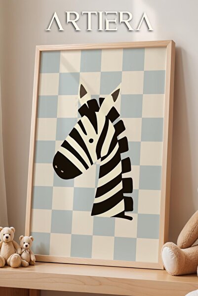 HİGUERA Zebra Cute Safari Animals Light Blue Checkered Background Kids Room Decoration Wooden Wall Painting