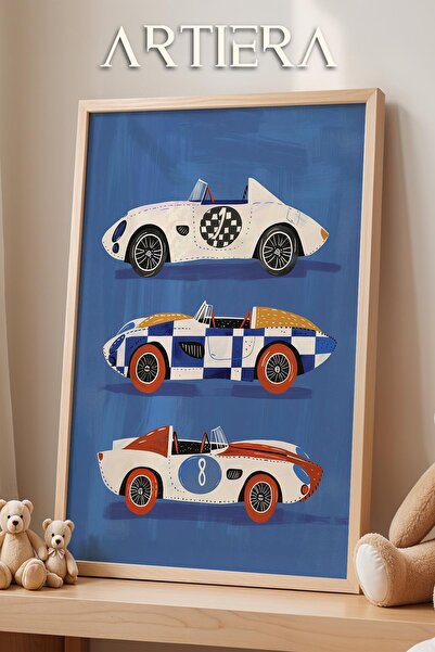 HİGUERA Spor Arabalar Mavi Fonlu Araba Temalı Erkek Çocuk Odası Dekorasyonu A...