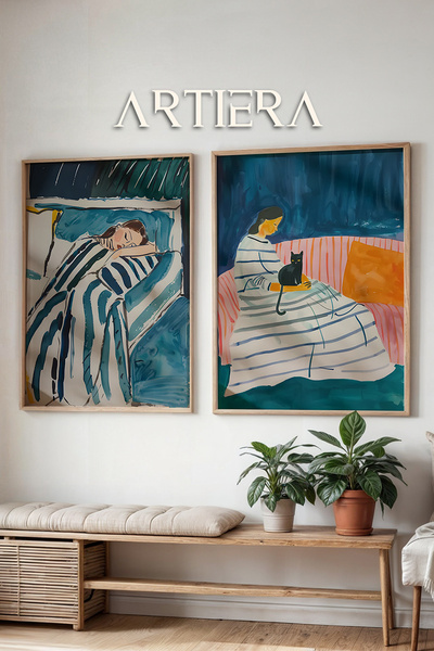 HİGUERA Ζωγραφική τοίχου με διπλό ξύλινο πλαίσιο με αίσθηση ύπνου και γάτας σ...