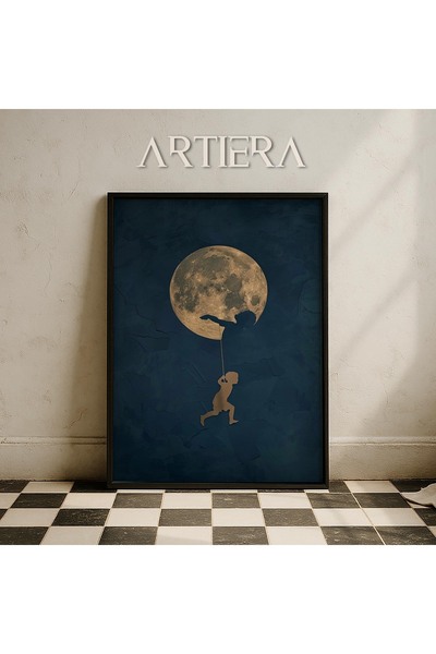 HİGUERA Blue Background Moon Child Vintage Japandi Art Πίνακας τοίχου με φυσι...