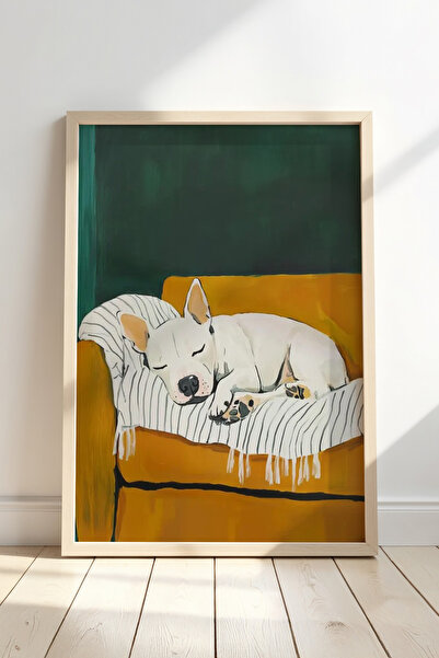 HİGUERA Λευκός σκύλος σε καναπέ μουστάρδας Πίνακας τοίχου με φυσικό ξύλινο πλ...
