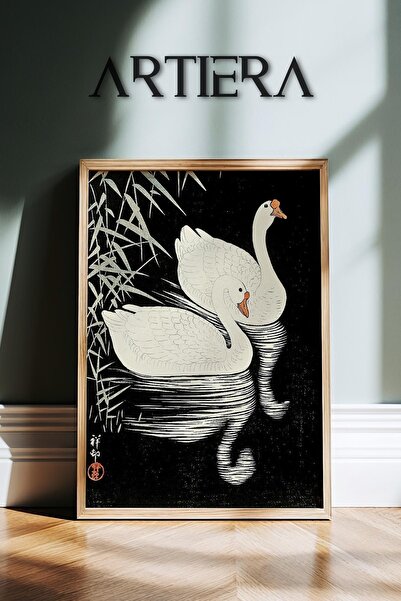 HİGUERA Swans Vintage Animals Japandi Art Ζωγραφική τοίχου με φυσικό ξύλινο π...