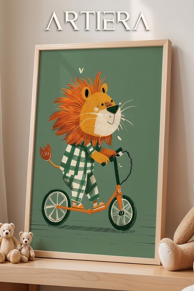 HİGUERA Διακόσμηση παιδικού δωματίου με πράσινο φόντο Lion Riding a Bicycle Π...