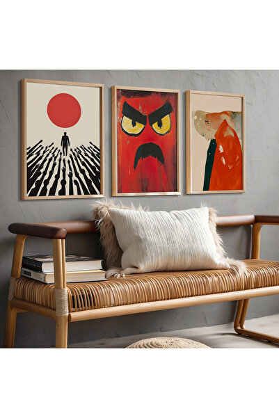 HİGUERA Αφηρημένο σχέδιο Κόκκινο αφηρημένο τριπλό φυσικό ξύλινο πλαίσιο ζωγρα...