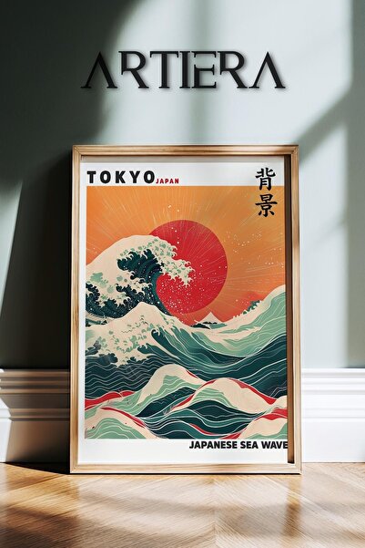 HİGUERA Hokusai Sunny Waves – Modern Japandi Art Turcoaz și Roșu - Pictură mu...