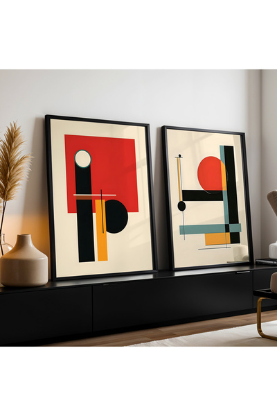 HİGUERA Γεωμετρικό Κόκκινο Αφηρημένο Διπλό Φυσικό Ξύλινο Πλαίσιο Τοιχογραφία