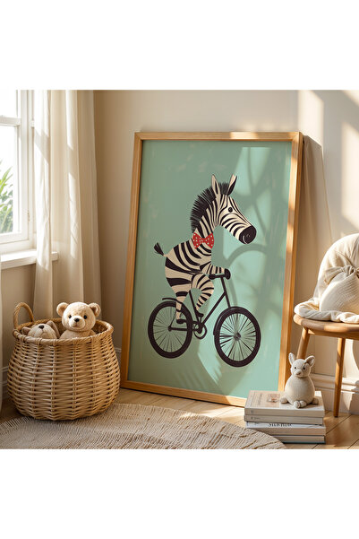 HİGUERA Zebra Riding a Bicycle Children's Room Natural Wooden Framed Wall Painting