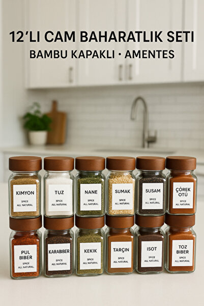 Amentes Bambu Kapaklı 12 Adet Cam Baharatlık Seti Yanında 16 Adet Sticker Hediyeli...