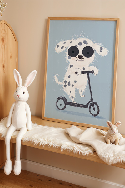 HİGUERA Διασκεδαστικός σκύλος που οδηγεί σκούτερ - Πίνακας παιδικού δωματίου ...