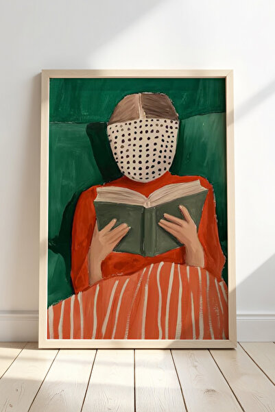 HİGUERA Femeie minimalistă verde citind o carte Pictură murală cu cadru din l...