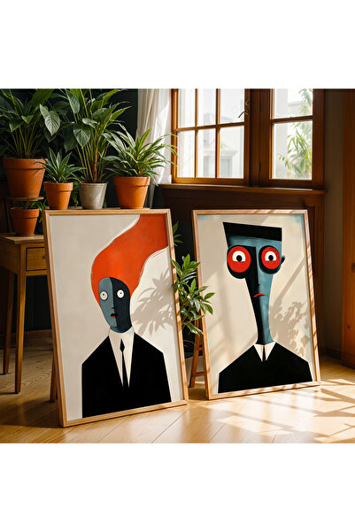 HİGUERA Διπλό Σετ ζωγραφικής τοίχου με κορνίζα από φυσικό ξύλο αφηρημένης τέχνης