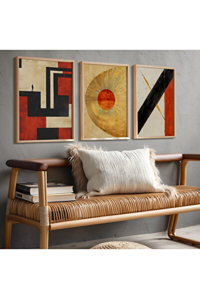 HİGUERA Γεωμετρικό Κόκκινο Αφηρημένο Τριπλό Φυσικό Ξύλινο Πλαίσιο Τοίχου