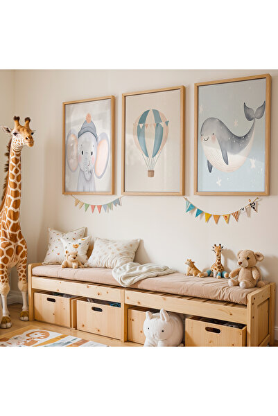 HİGUERA Pictură din 3 piese cu elefant, balenă și balon zburător pentru camera copiilor și camera bebelușului cu cadru din lemn natural