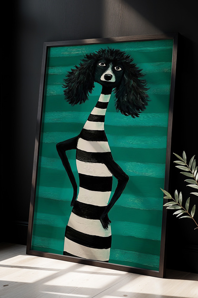 HİGUERA Soyut Yeşil Tonda Köpek Figürü Doğal Ahşap Çerçeveli Duvar Tablosu