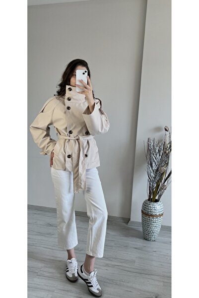 Aspendia Kadın Dik Yaka Kemerli Trençkot