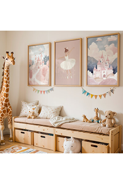 HİGUERA 3'lü Masalsı Şato Ve Balerin Doğal Ahşap Çerçeveli Çocuk Odası ve Bebek Odası Tablo Seti