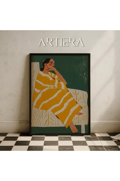 HİGUERA Αφηρημένη γυναίκα σε κίτρινο λευκό ριγέ φόρεμα Μοντέρνα ζωγραφική τοί...