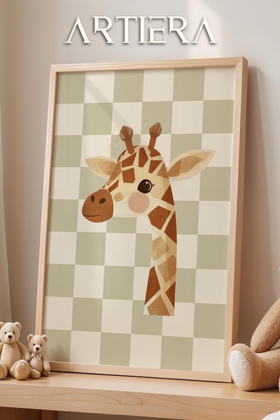 HİGUERA Καμηλοπάρδαλη Χαριτωμένα Ζώα Σαφάρι Πράσινο Καρό Φόντο Διακόσμηση Παι...