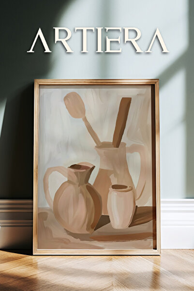 Artiera Minimalist Still Life Kitchen Decoration in Beige and Brown Tones Wooden Framed Wall Painting