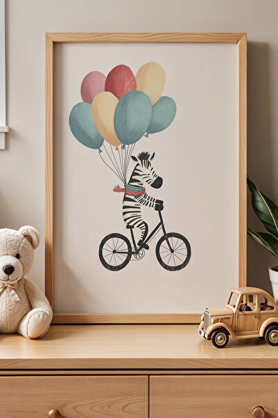 HİGUERA Zebra Riding a Bicycle and Bubbles Children's Room and Baby Room Wooden Framed Painting