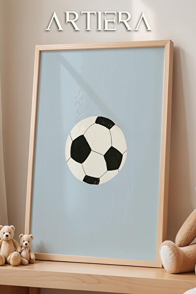 HİGUERA Futbol Topu Mavi Fonlu Spor Temalı Erkek Bebek Çocuk Odası Ahşap Çerç...