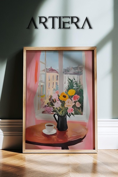 HİGUERA Λουλούδι σε ροζ παράθυρο και καφέ ελαιογραφία ζωγραφική τοίχου με ξύλ...