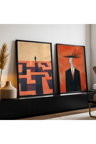 HİGUERA Γεωμετρική έκφραση Τέχνη Κόκκινο Αφηρημένο Διπλό Φυσικό Ξύλινο Πλαίσι...