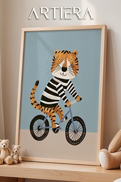 HİGUERA Διακόσμηση παιδικού δωματίου με μπλε φόντο με τίγρη που οδηγεί ποδήλα...