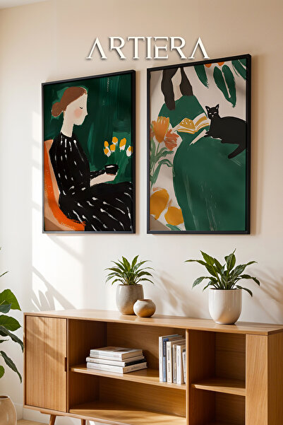 HİGUERA Γυναικεία ελαιογραφία με γάτα και λουλούδια Feel Διπλό ξύλινο πλαίσιο...