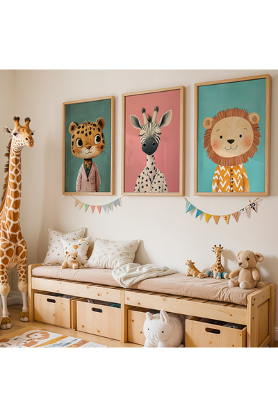 Artiera 3'lü Leopar, Zebra ve Aslan Doğal Ahşap Çerçeveli Çocuk Odası Tablosu