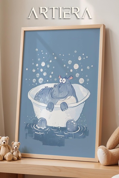 HİGUERA Χαριτωμένο ιπποπόταμο σε μπανιέρα με μπλε φόντο Διακόσμηση αγοριού Ξύ...