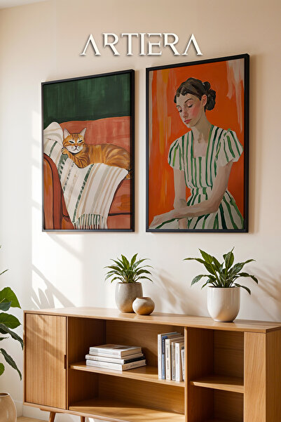 HİGUERA Γυναικεία ελαιογραφία με γάτα και πορτοκαλί τόνους με δαπέδους Feel Δ...