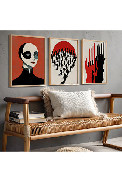 HİGUERA Αφηρημένο σχέδιο Κόκκινο αφηρημένο τριπλό φυσικό ξύλινο πλαίσιο ζωγρα...