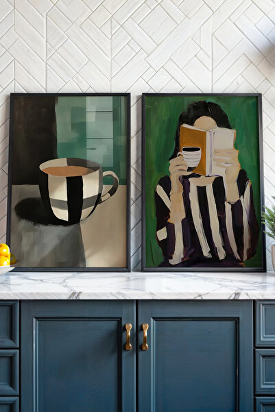 HİGUERA Siyah Beyaz Fincan ve Kitap Okuyan Kadın KTB Doğal Ahşap Çerçeveli Mutfak Duvar Tablosu