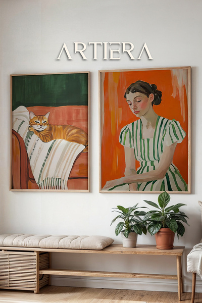 HİGUERA Γυναικεία ελαιογραφία με γάτα και πορτοκαλί τόνους με δαπέδους Feel Δ...