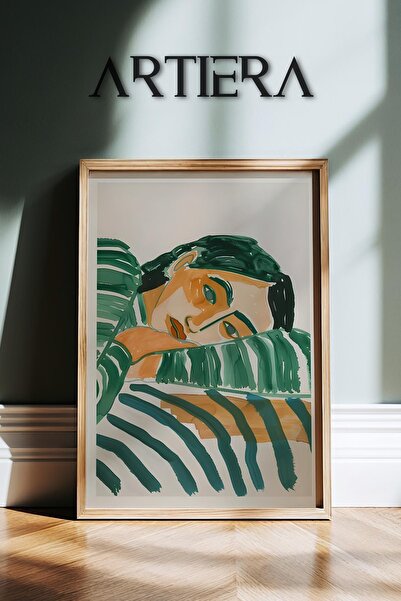 HİGUERA Πράσινο ριγέ αφηρημένο γυναικείο πορτρέτο Μινιμαλιστικό Μοντέρνο Ξύλι...