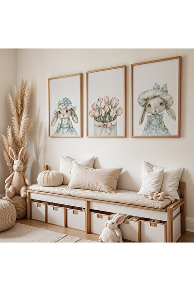 HİGUERA Σετ 3 Vintage Rabbit Πίνακας Παιδικού και Βρεφικού Δωματίου με Φυσικό...