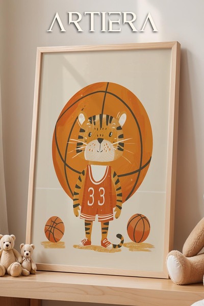HİGUERA Διακόσμηση αγοριού μπάσκετ Tiger Πίνακας τοίχου με ξύλινο πλαίσιο