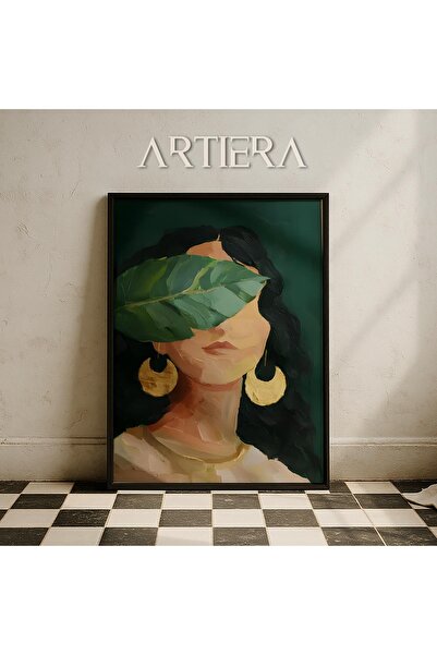 HİGUERA Αφηρημένο γυναικείο πορτρέτο με πράσινο φύλλο με χρυσά σκουλαρίκια Πί...